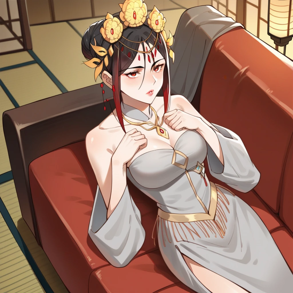 score_9_up, score_8_up, score_7_up, source_anime, 1girl, solo, Mulan, Jin_Wed, grand hall, Chinese interior, chandelier lantern, lying on back on couch, reclining, hands up, looking t you, from front, from above, bend knee, slight blush, red eyes, red lips, black hair, streaked hair, red hair, hair bun, tiara, alt hair ornament, red eyes, cleavage, wedding dress, strapless dress, alt dress, grey dress, jewelry, necklace, detached collar, detached sleeves, grey sleeves, long skirt, side slit,mature body, dynamic cowboy shot, indoors, Chinese architecture background