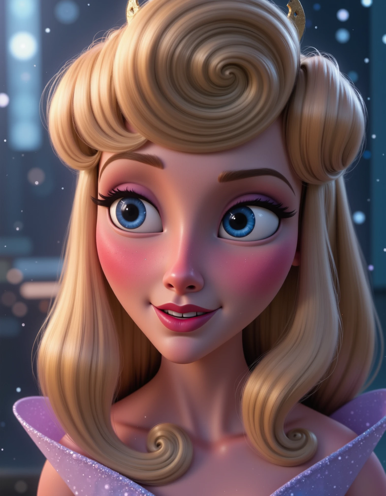 aurora, Briar Rose, A close-up of Aurora’s face, slightly tilted upwards as raindrops fall gently on her skin. The angle captures the droplets on her eyelashes and the light glistening on her cheeks, with a soft smile playing on her lips, disney style