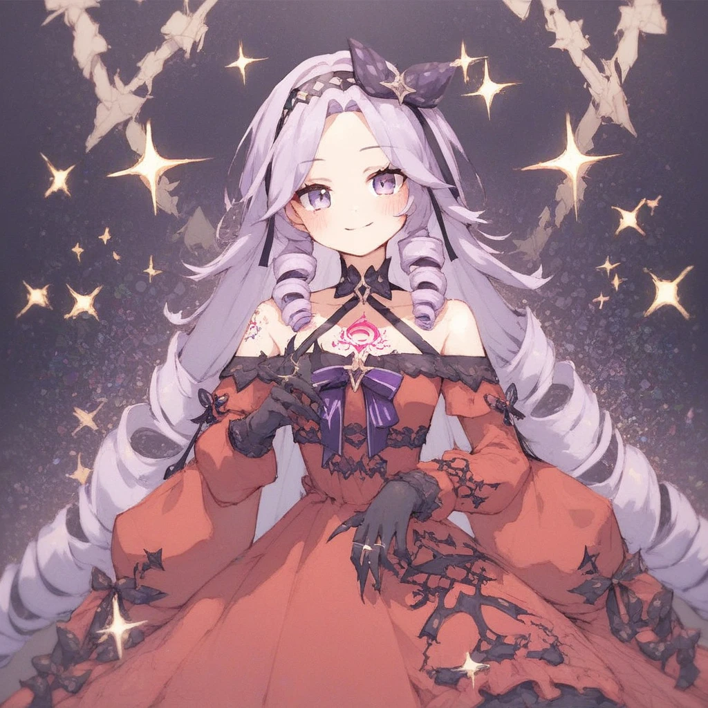 Score_9, score_8_up, score_7_up, t0pu, 1girl, virtual youtuber, solo, gloves, dress, long hair, drill hair, red dress, black gloves, smile, bangs, looking at viewer, blush, long sleeves, purple eyes, chest tattoo, claw ring, purple hair, off-shoulder dress, off shoulder, ribbon, light purple hair, tattoo, hair ribbon, sparkle, hairband, bare shoulders, parted bangs, very long hair