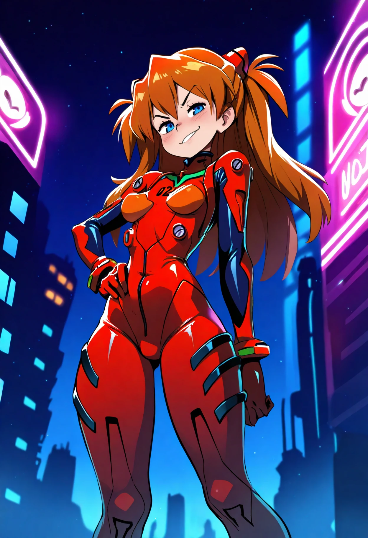 xaxaxa,
best quality, amazing quality, very aesthetic, absurdres,
1girl, asuka langley, red plugsuit, standing, smug, looking at viewer, futuristic background, neon light , buildings, night     <lora:XaxaxaIllustriousXL_byKonan:1>