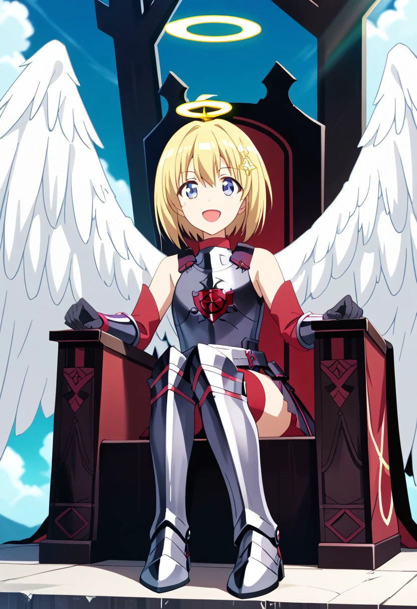 score_9,score_8_up,score_7_up,source_anime,Kaede Honjou (Loving Sacrifice),1girl,solo,looking at viewer,smile,open mouth,hair ornament,gloves,thighhighs,bare shoulders,sitting,:d,boots,wings,sky,black gloves,cloud,armor,halo,parody,feathered wings,angel wings,white wings,angel,armored boots,greaves,throne,