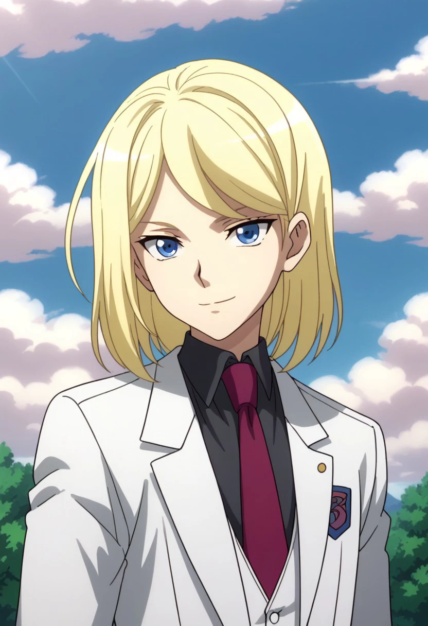 score_9, score_8_up, score_7_up, source_anime, highly detailed, 
shion_xt, 1boy, male focus, solo, blonde hair, medium hair, blue eyes, formal, suit, shirt, black shirt, collared shirt, necktie, red necktie, vest, white vest, jacket, white jacket, upper body, gentle smile,
outdoor, sky, cloud, tree,