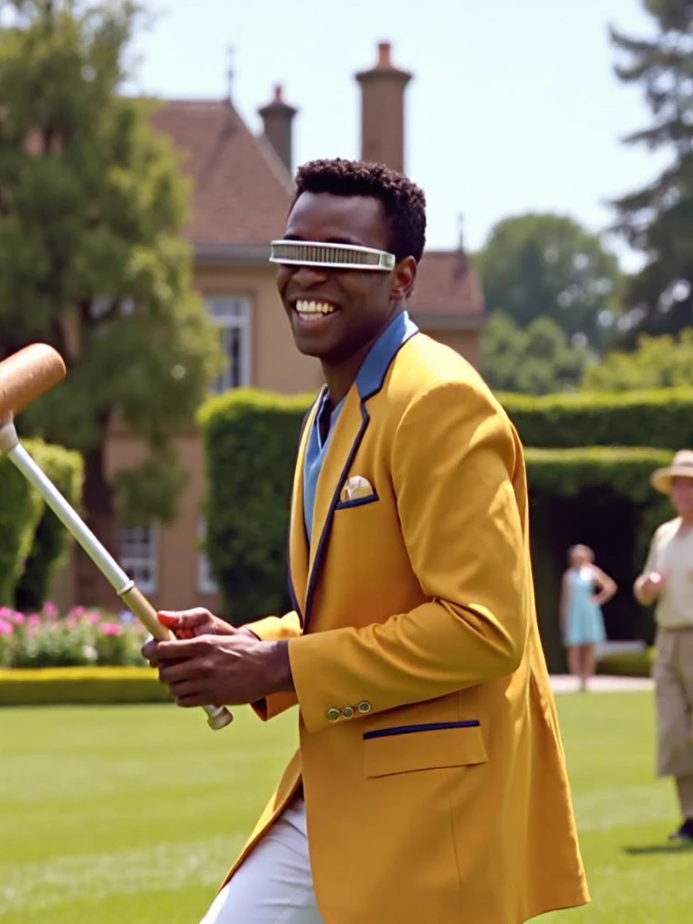 <lora:geordil8forg8:1.2> A photorealistic image of Geordi La Forge dressed in vibrant 90's casual summer attire, holding a croquet mallet and laughing joyfully in an old English garden. The scene is surrounded by lush green hedges, blooming flowers, and a historic manor in the background. Geordi's visor gleams in the sunlight as he takes a playful swing at the croquet ball, his laughter echoing through the serene garden. Other players in traditional English clothing look on, smiling at the lighthearted moment.
<lora:flux_realism_lora:0.6> photo realistic