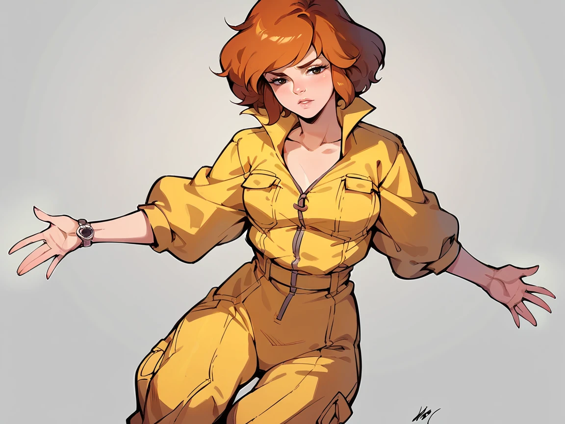 score_9, score_8_up, score_7_up, score_6_up, score_5_up,   <lora:AprilONeilXLP:1> april o'neil, 1girl, solo, orange hair, short hair, jumpsuit