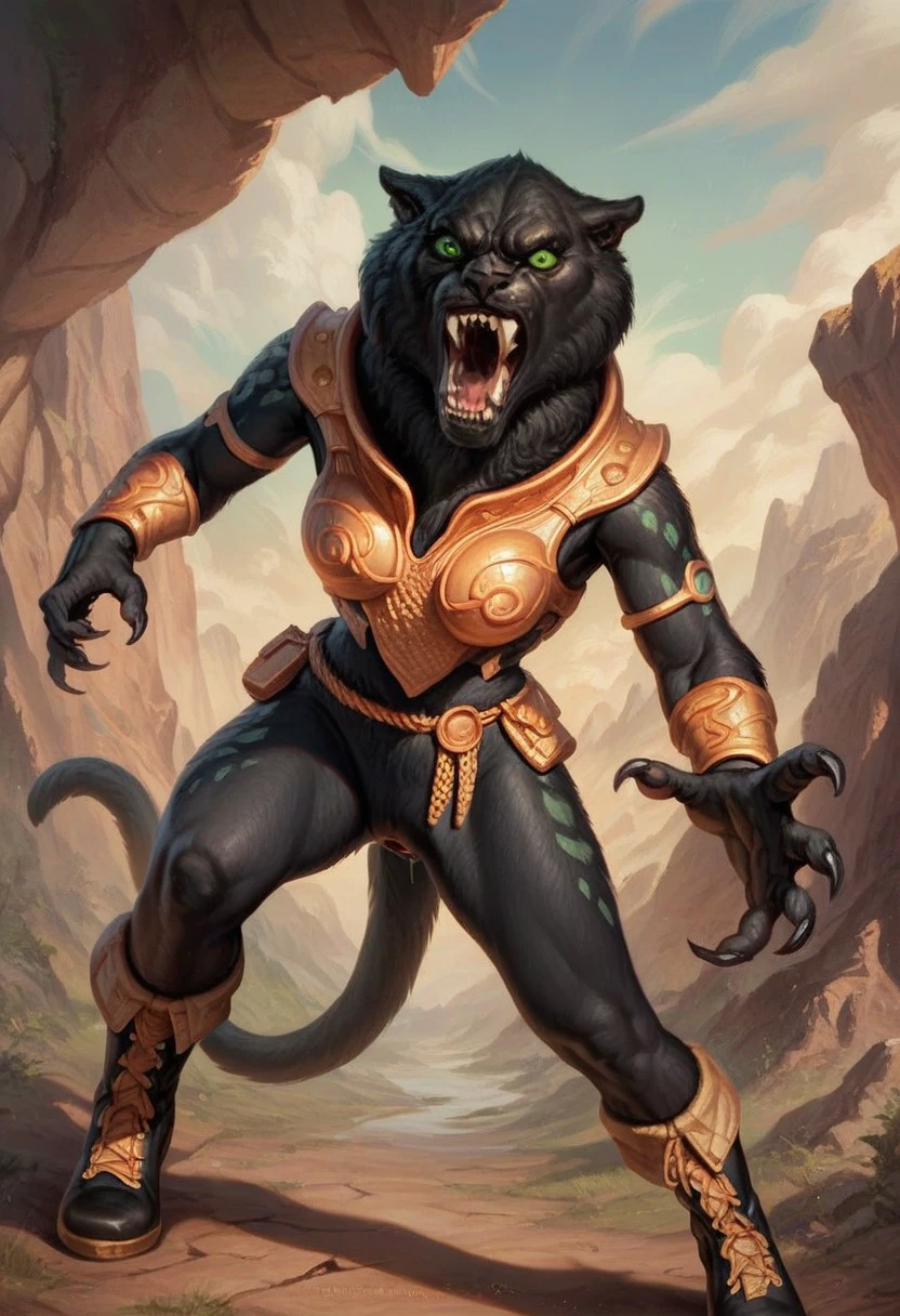 score_9_up, score_8_up, score_7_up, score_6_up, 1girl, solo, pantera, furry female, black fur, gold belt, black and gold boots, green eyes, angry roar, sharp teeth, (leaping towards viewer:1.5), outstretched claws, fantasy landscape, (realistic), (painted art)