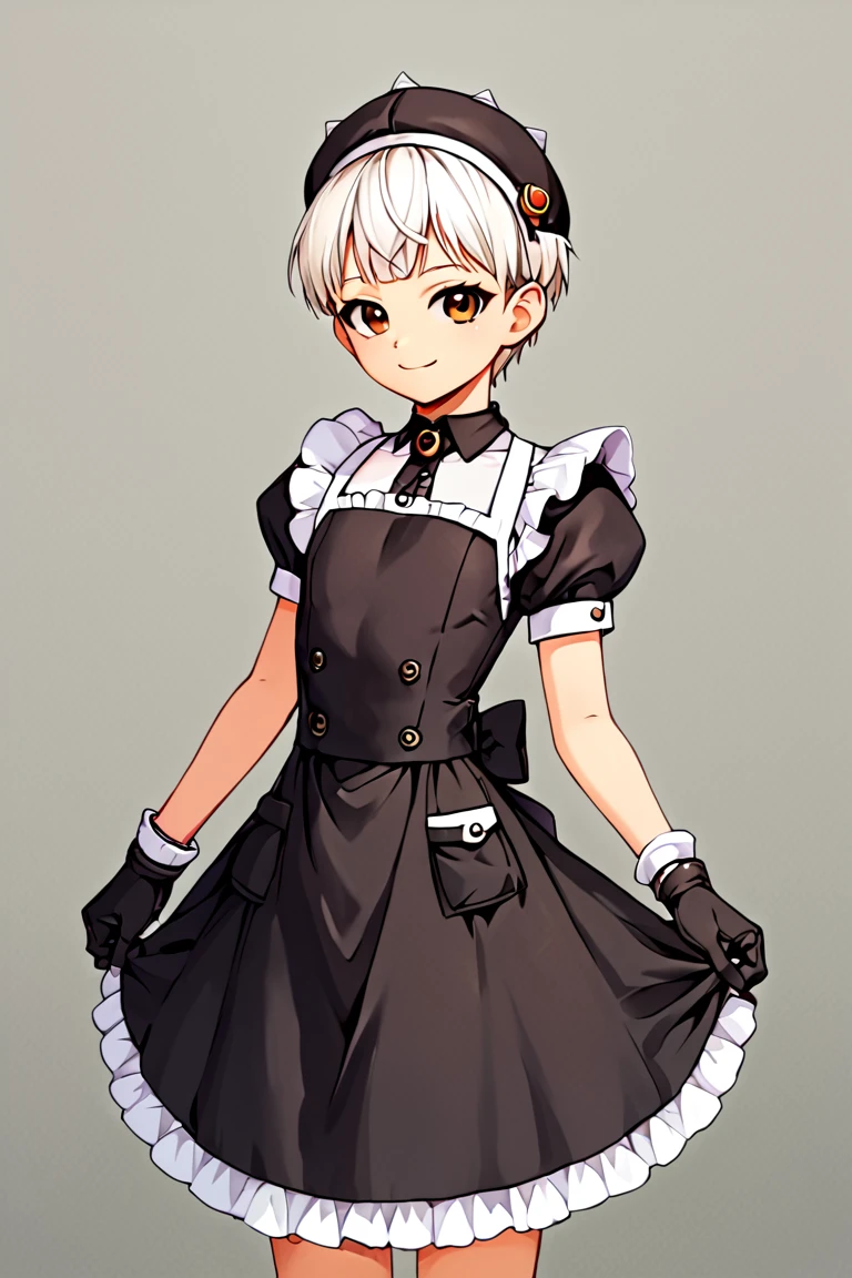 score 9, score 8 up, score 7 up, 1girl, flat chested, superclara, 1girl, solo, smile, short hair, skirt, hair ornament, gloves, hat, dress, brown eyes, white hair, short sleeves, puffy sleeves, apron, black dress, frills, (black apron:1.2)