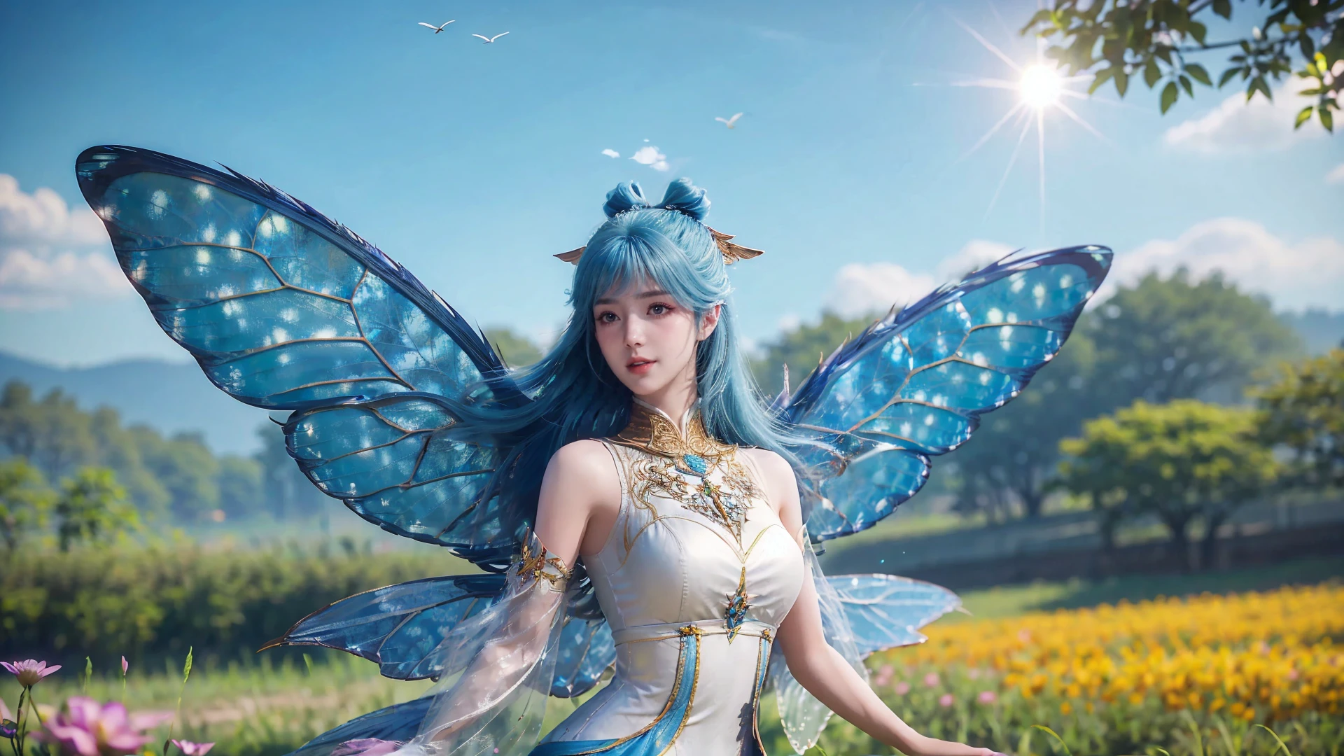 1girl,solo,long hair,bangs,blue hair,hair ornament,blue eyes,happy,dress,butterfly wings,glowing wings,(flying:1.3),looking at viewer,outdoors,sunset,flower field,((glowing)),(scenery),blurry,upper body,Highly detailed,(ultra-detailed),(best quality,masterpiece:1.5),<lora:20240928-1727465731121:0.65>,