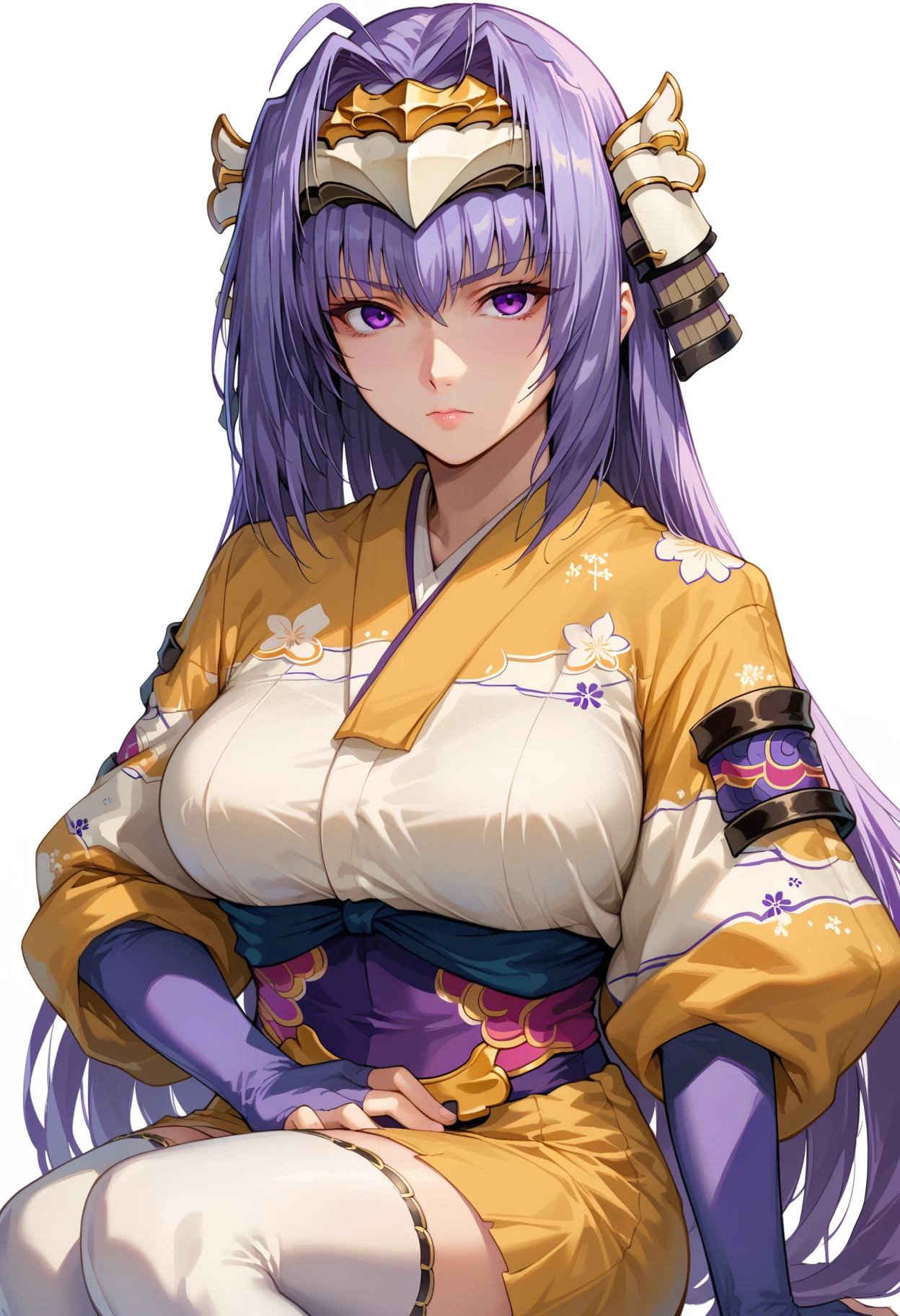 score_9, score_8_up, score_7_up, source anime, senhime, 1girl, solo, breasts, long hair, white thighhighs, purple eyes, purple hair, white thighhighs, large breasts, sitting, japanese clothes, very long hair, looking at viewer, white background, simple background, short kimono, obi, hand on own hip, bridal gauntlets, headgear