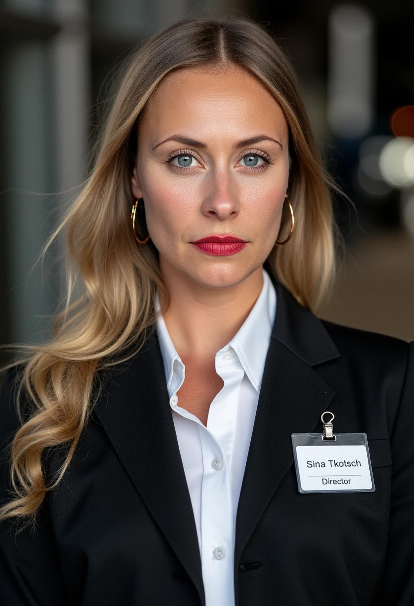 A professional portrait photo of sinatkotsch, a woman. She has long hair. She has a serious expression on her face. She wearing subtle red lipstick and golden earrings. She is wearing a white shirt and a professional black business suit. A white ID badge with black text \"Sina Tkotsch, Director\" is clipped to the suit jacket. The background is blurry and shows a TV movie studio.