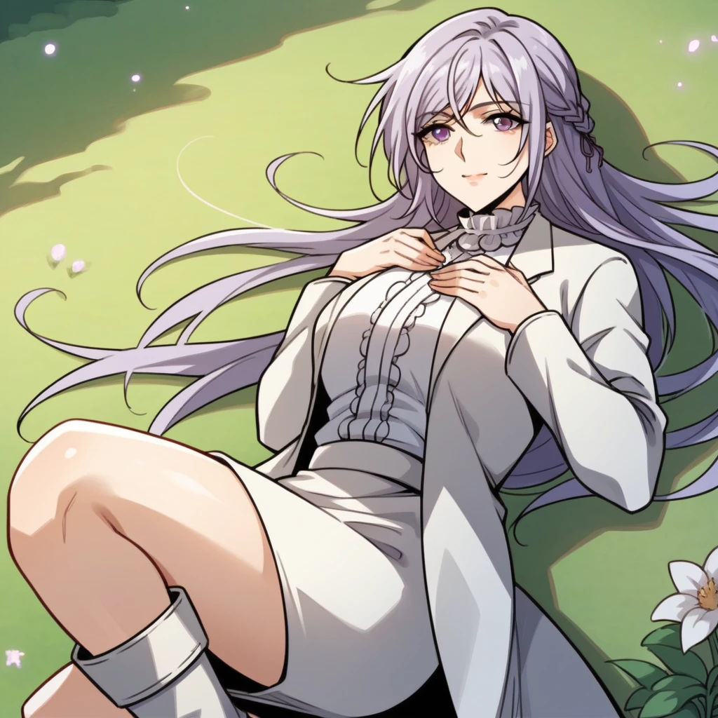 score_9_up, score_8_up, score_7_up, source_anime, 1girl, solo, Mu_Ningxue, sun light, lying on back on grass, white footwear, boots, foreshortening, from above, from side, gentle smile, hand on chest, looking at you, bend knee, light purple hair, long hair, purple eyes, white sleeves, long sleeves, collared shirt, frilled collar, frilled shirt, white shirt, white skirt, pencil skirt, coat, white coat,  mature body, dynamic cowboy shot, outdoors, garden background