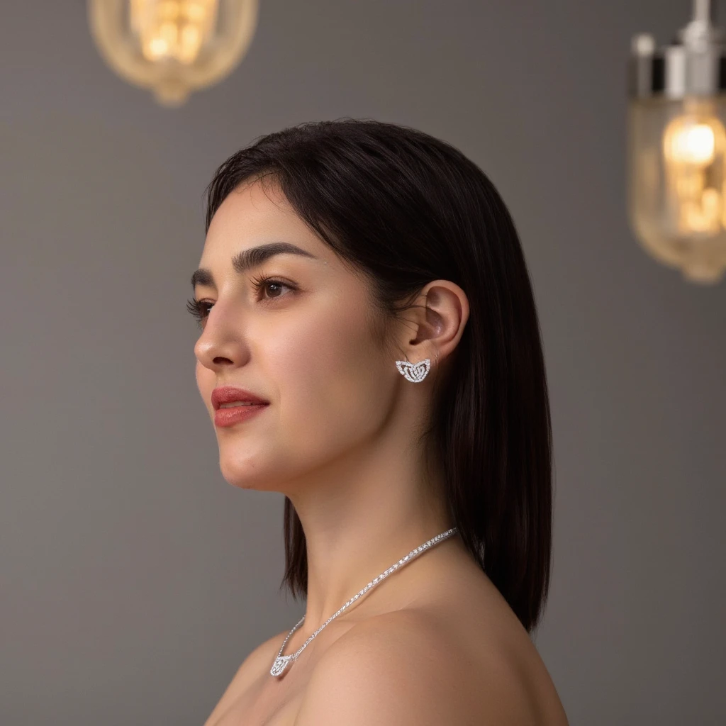 close up Photograph of a british woman . She wears a Eternel_earrings  .  focus is on the Eternel_earrings. from side. The background is a plain, light gray wall. The scene is bathed in soft, ambient lighting from sleek chandeliers, creating a warm glow that contrasts with the cool cityscape outside, adding a touch of luxury and sophistication