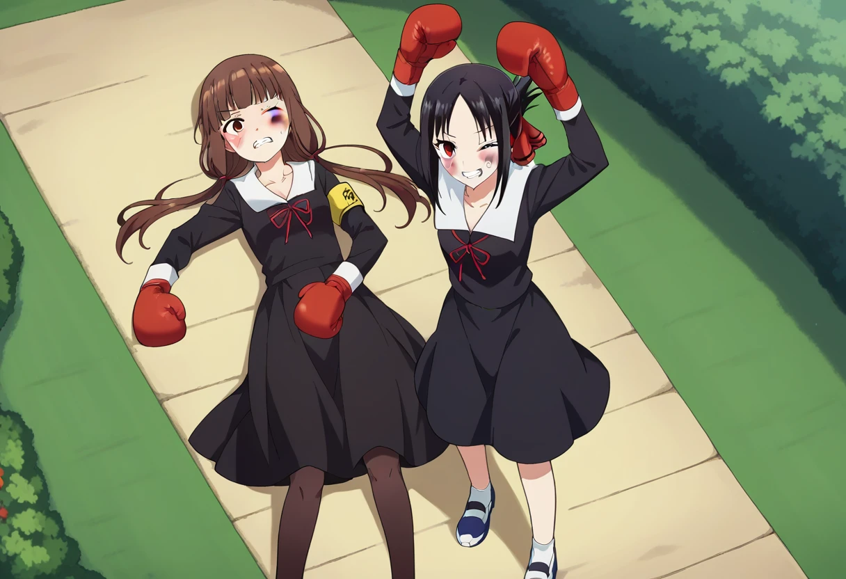 boxing gloves, red boxing gloves, <lora:girlsboxingdownlorapony1-000100:0.3>, gbdown, full body, score_9, score_8_up, score_7_up, source_anime, 2girls, outdoors, landscape, BREAK
mikoiino, <lora:miko-iino-s3-ponyxl-lora-nochekaiser:0.5>,
miko iino, blunt bangs, brown eyes, brown hair, hair tie, long hair, low twintails, red ribbon, ribbon, twintails,
long sleeves, dress, ribbon, school uniform, collarbone, black dress, sailor collar, white sailor collar, red ribbon, neck ribbon, shuuchiin academy school uniform, armband, black pantyhose, pantyhose,
lying, on back, lying on back, one eye closed, clenched teeth, bruised eye, BREAK
kaguyashinomiya, <lora:kaguya-shinomiya-s3-ponyxl-lora-nochekaiser:0.5>,
kaguya shinomiya, short hair, bangs, black hair, red eyes, hair ribbon, sidelocks, folded ponytail, parted bangs,
long sleeves, dress, ribbon, school uniform, collarbone, black dress, sailor collar, white sailor collar, red ribbon, neck ribbon, shuuchiin academy school uniform, thighs, 
shoes, arms up, smile, standing, one eye closed, clenched teeth, bruised eye, bruise on face,