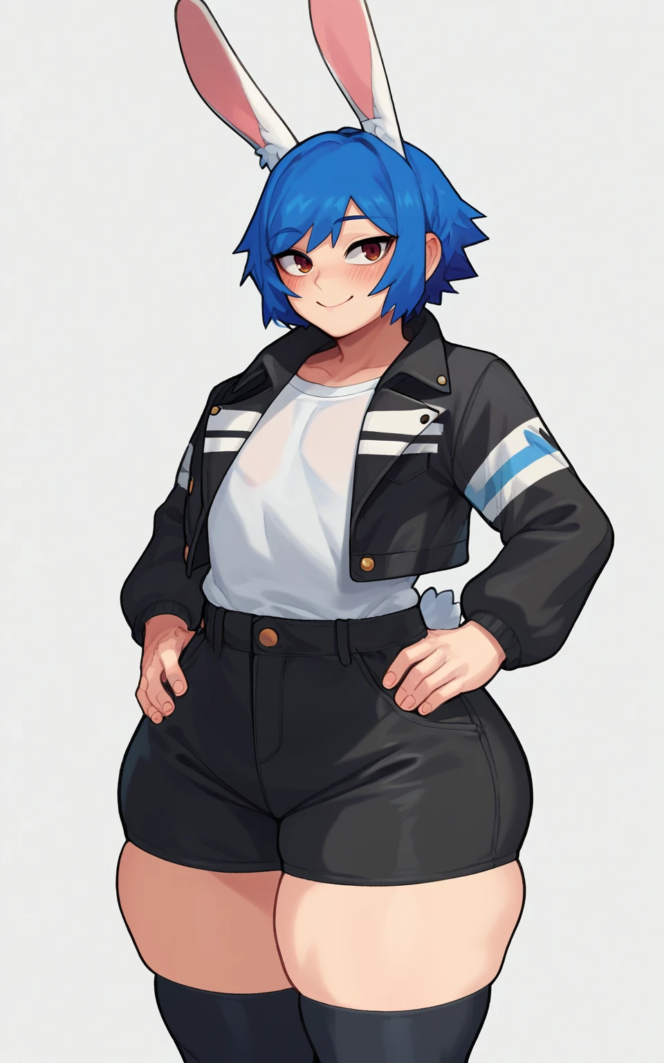 score_9, <lora:BunyBunyBoi v1 - Pony:1>
1boy, solo, rabbit ears, rabbit boy, rabbit tail, wide hips, thick thighs, black thighhighs, skindentation, black shorts, white shirts, black jacket, open jacket, long sleeves, blue hair, otoko no ko, blush, smile, simple background, white background, standing, hands on hips