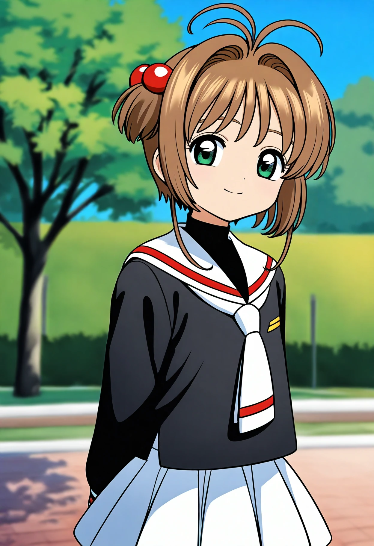 best quality, amazing quality, very aesthetic, absurdres,
1girl, kinomoto sakura, antenna hair, brown hair, short hair, twintails, green eyes,  hair bobbles,
black shirt, long sleeves, neckerchief, sailor collar, school uniform, serafuku, white skirt, tomoeda elementary school uniform,
hands behind back, smile, upper body, looking at viewer, solo, outdoors, blue sky, park background   <lora:SakuraCardCaptorIllustriousXL_byKonan:1>