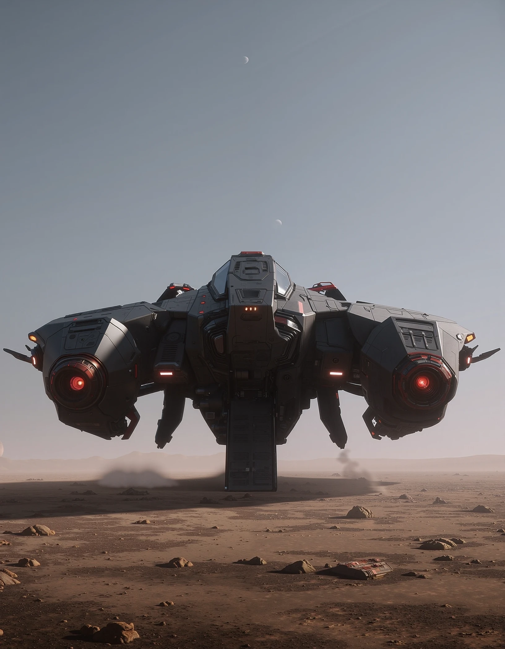 cinematic shot of a futuristic spaceship designed by drake interstellar, a fictional company known for its advanced spacecraft technology. the ship is stationed on a barren, rocky planet, with a hazy atmosphere and a distant moon visible in the background. the ships sleek, aerodynamic design features a large, central body with two large wings extending outward, each equipped with powerful engines. the front of the ship has a prominent cockpit with large windows, and the rear has a cargo bay with a ramp down to the ground. the ships exterior is primarily black with red accents, giving it a high-tech and imposing appearance. the overall scene suggests a blend of science fiction and space exploration, with the ship ready for a mission to explore or colonize this distant world.