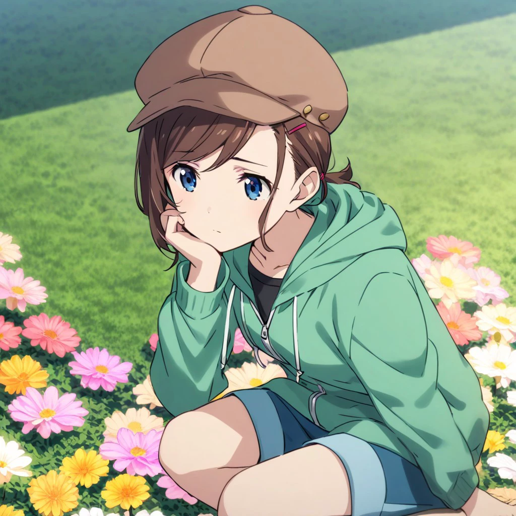 Flowerbed,1girl,Inuyama Mana(GeGeGe no Kitarou),(solo),collarbone,pensive,hand on own cheek,salmon cabbie hat,white drawstring,hair-pin,blue eyes,(blue shorts),long sleeves,light sea-green Hoodie zip-up,swept bangs and hair pulled back,Brown medium hair,hair tie,wavy hair,low ponytail,medium sea-green Trim black T-shirt