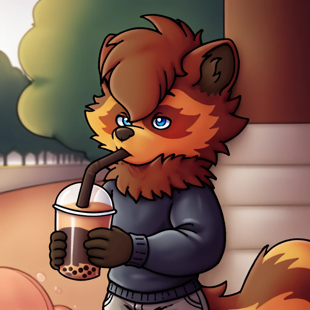 score_9_up, score_8_up, score_7_up, source_furry, silver.exe, blue eyes, brown fur, raccot, black sweater, gray shorts, holding, bubble tea, park