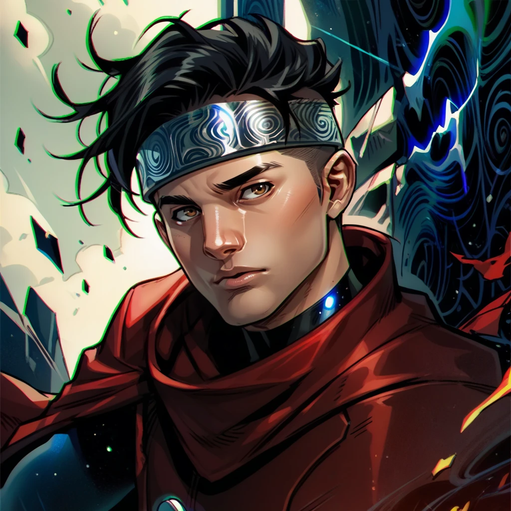 portrait of B_wiccan man, ((1boy)), black hair, undercut, brown eyes, red cloak, solo, silver headband,  <lora:B_wiccan-000009:1>, score_9, score_8_up, score_7_up, <lora:Smooth Anime 2 Style SDXL_LoRA_Pony Diffusion V6 XL:.3>   <lora:add-detail-xl:.8>  zPDXL3,