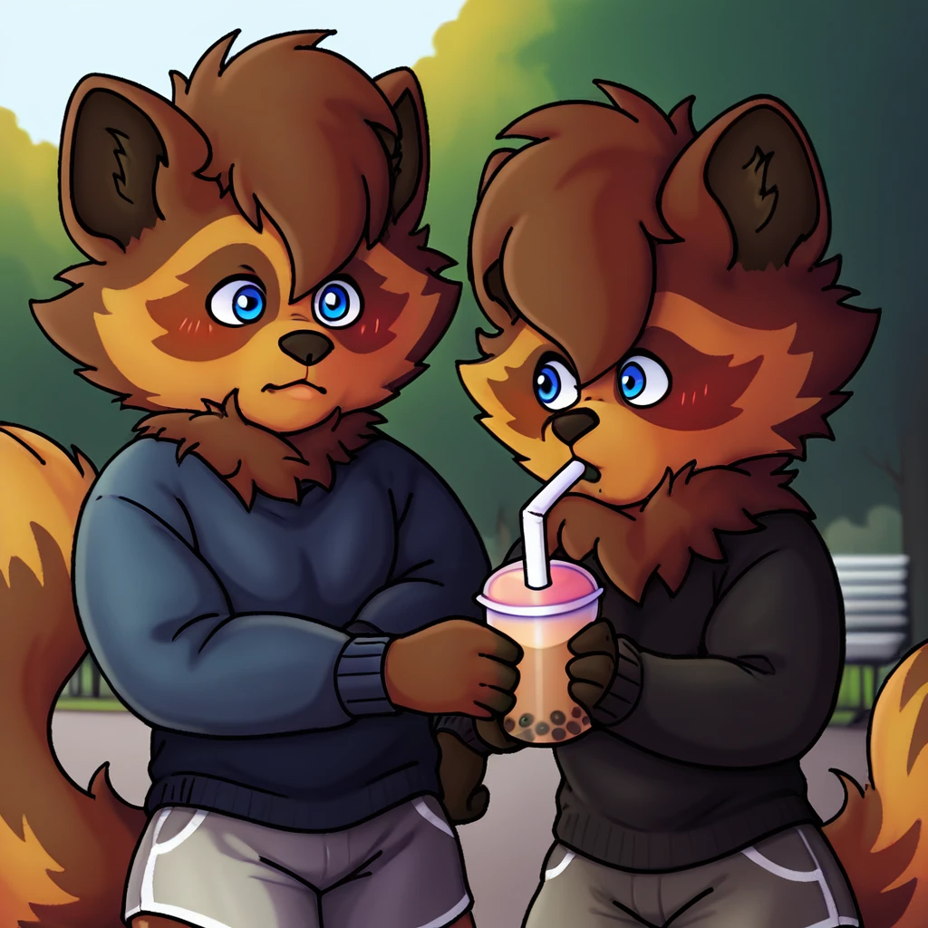 score_9_up, score_8_up, score_7_up, source_furry, silver.exe, blue eyes, brown fur, raccot, black sweater, gray shorts, holding, bubble tea, park