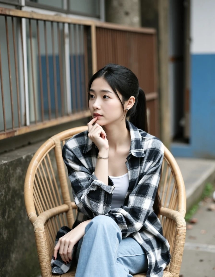 xiancheng, xiancheng, The photograph captures a young Asian woman seated on a rattan chair in an outdoor setting, possibly a courtyard or garden. She has a slender physique with a petite frame and smooth skin. Her dark, straight hair is tied back in a simple ponytail. She wears a loose-fitting, oversized, black and white plaid shirt layered over a white tank top, and high-waisted, light blue jeans. Her expression is pensive as she gazes off to the side, resting her chin on her hand, which is adorned with a delicate bracelet. The background features a rusty metal fence and a section of a building with a blue and white exterior. The ground is paved with concrete, and there are scattered leaves and debris on it. The overall tone of the image is muted, with natural lighting suggesting an overcast day. The photograph conveys a sense of introspection and solitude.,  <lora:xiancheng_F1_V1.0_sampon:1.2>,