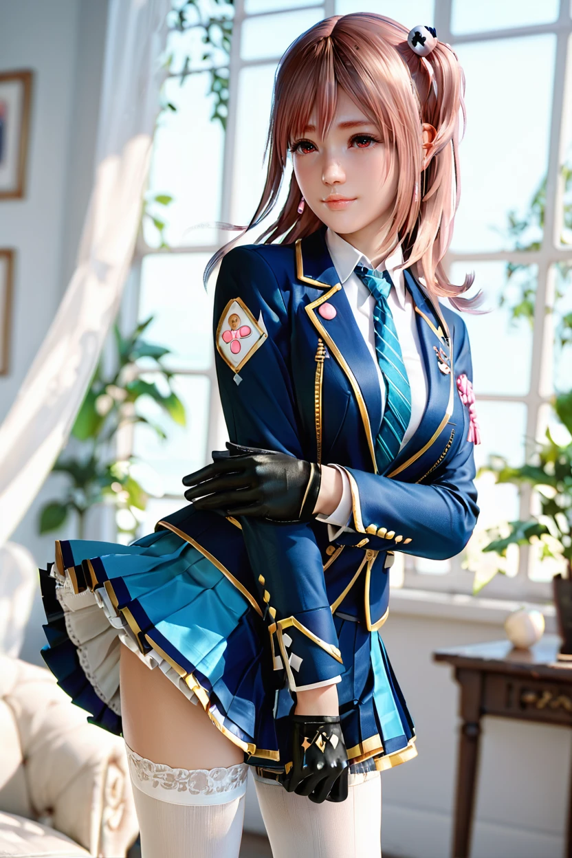 girl, , short hair, blue eyes, plump breasts, cat hair ornament, side lock, chestnut hair, shiny hair, wavy hair、dress, (golden eyes: 1.2), (Two long triangular extensions on the skirt),,(I took off the short-sleeved shirt under my corset vest..), (Sleeves end near the arm), , ( magenta short skirt),