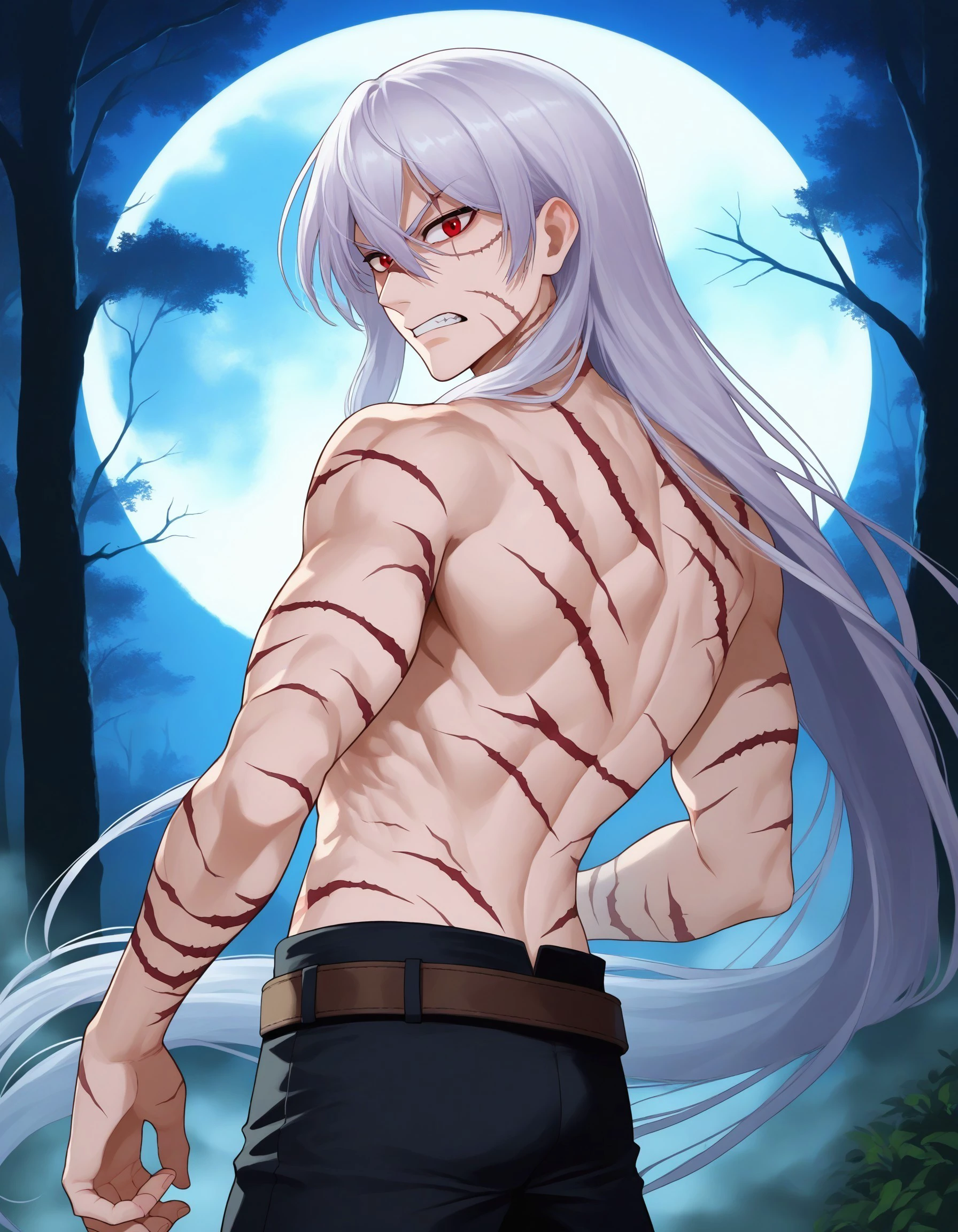 score_9, score_8, score_7, score_6_up, source_anime, outdoors, (fog, forest, night), moon, moonlight,
BREAK
1boy, hxhkite, skinny, androgynous, white hair, grey hair, very long hair, floating hair, topless male, red eyes, black pants, belt, scar, multiple scars, scar on neck, scar on arm, scar on back, stitches, (grey skin), angry, deep frown, clenched teeth, looking at viewer, fighting stance, from behind, looking back, hand up, full body,
<lora:hxhkite-ravenfoot-v1final:0.8>