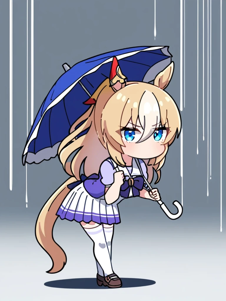 <lora:Durandal_kxl:1>,1girl, blonde hair, blue eyes, durandal (umamusume), emphasis lines, full body, hair between eyes, highres, holding umbrella, horse ears, horse girl, horse tail, leaning forward, long hair, looking at viewer, pleated skirt, shadow, short sleeves, single ear cover, solo, standing, streaked hair, tracen school uniform, white background, white thighhighs, zettai ryouiki