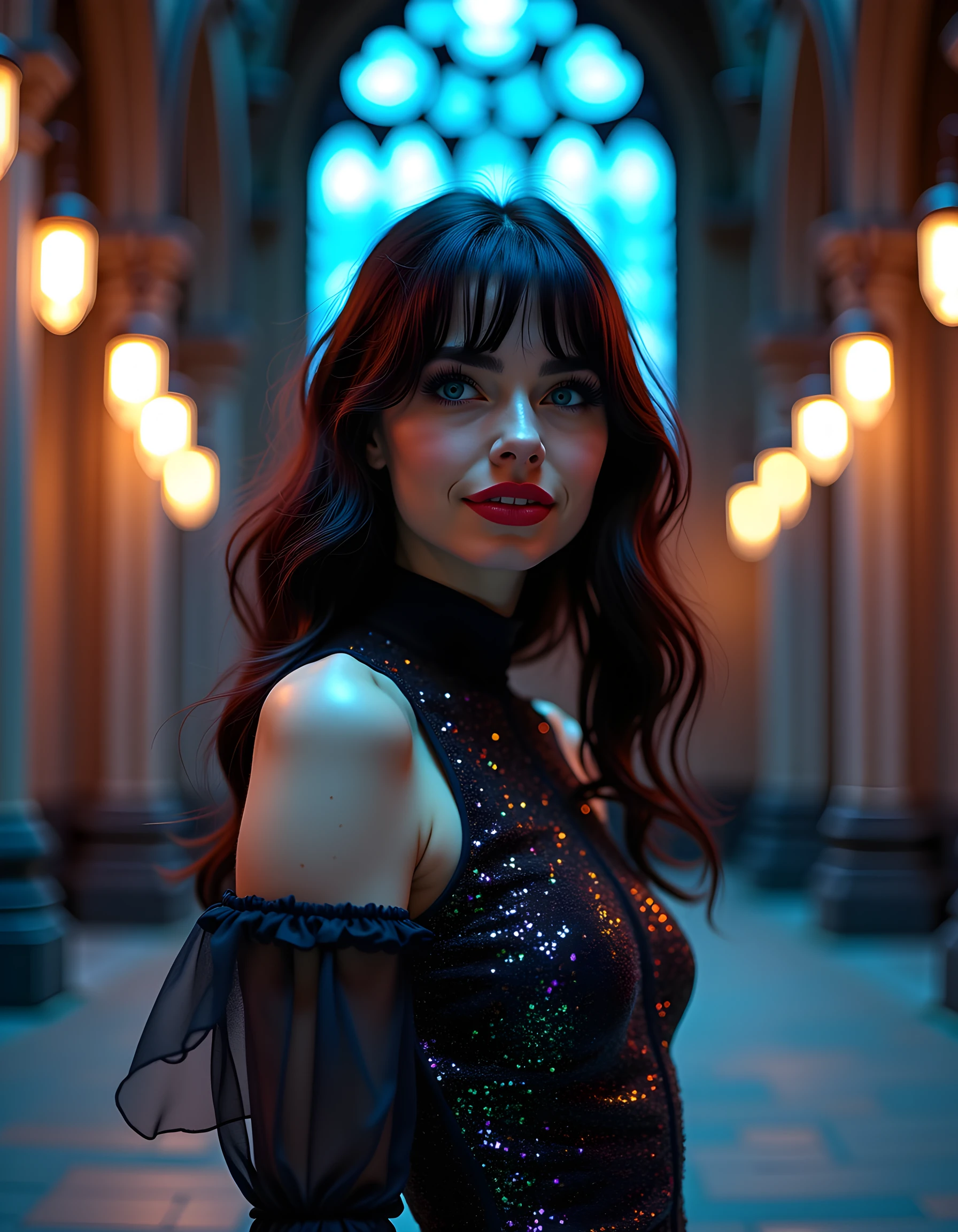 In a captivating and ethereal scene, the enigmatic C1ND1E stands alone against the backdrop of a dimly lit, Gothic cathedral at twilight. With her raven-black hair cascading like a waterfall down her shoulders, she is dressed in an exquisite, glittering gown that shimmers with every hue of the rainbow. Her full, ruby lips part ever so slightly to reveal perfectly white teeth as she fixes the viewer with an enchanting smile. The focus is centered on her face, captured from a low angle, giving the impression of her towering over the viewer. The image is rendered in stunning realism, yet intentionally blurred around the edges, creating an otherworldly, dreamlike quality that invites the audience to step into her world. The soft, ambient lighting casts long shadows across the stone floor and stained-glass windows, adding a sense of mystery and intrigue to this mesmerizing portrait.