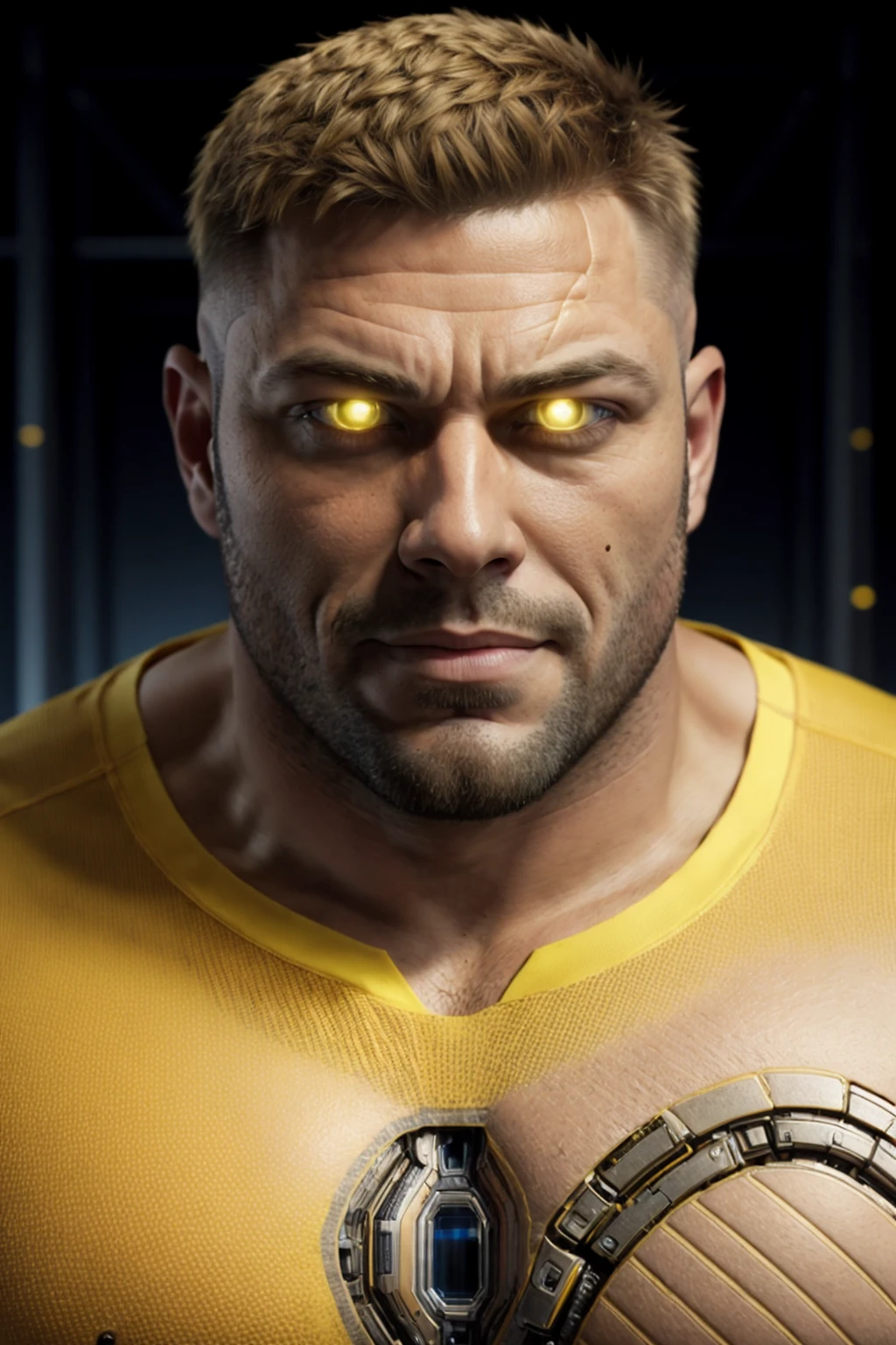 (masterpiece, intricately detailed, highest resolution, best quality:1.2), (doujin), a cocky old Sinestro pajeet, a 44 y.o muscle stud with a muscular physique sitting on a chair with black eyes,dark-skinned male, wearing a ((yellow lantern inspired, yellow lantern uniform, chest gay harness , armor, gauntlets, boots, tight shirt, gold metal gear,)), (excessive cum), (cum on body), (cum drip), flaccid penis,saggy balls,hairy chest,vascular,muscle striations,soft light,fantastic realism,