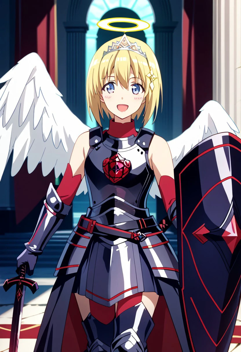 score_9,score_8_up,score_7_up,source_anime, Kaede Honjou (Loving Sacrifice),1girl,solo,looking at viewer,blush,smile,open mouth,gloves,holding,weapon,heart,:d,wings,elbow gloves,sword,holding weapon,armor,tiara,angel wings,shield,angel,pillar,column,