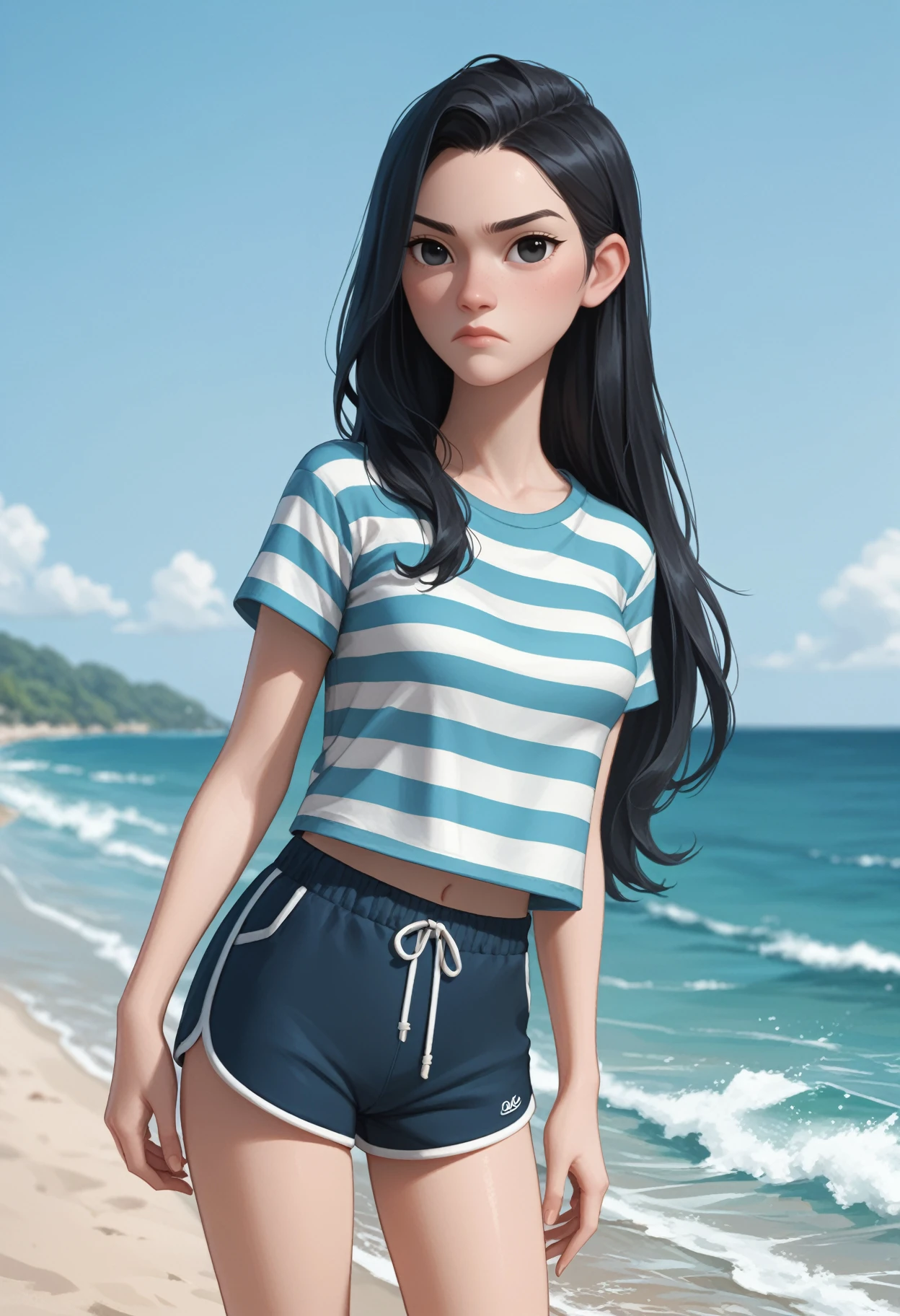 zPDXL3, score_9, score_8_up, score_7_up, score_6_up, score_5_up, score_4_up, 
1girl, solo, medium breasts, 
frown, arms at sides,
striped shirt, dolphin shorts, 
shore,
<lora:Coral Island - Lily:0.6> cilily, black hair, long hair, black eyes,