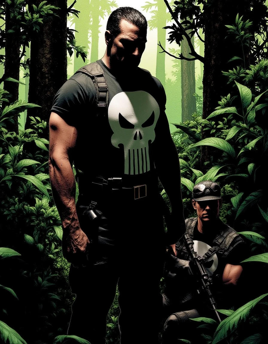 <lora:the-punisher-max-style-flux-000007:1> punishmax, The Punisher, the iconic comic book character known for his vigilante justice, stands resolutely in a dense jungle. Surrounded by lush greenery and towering trees, he prepares to take action, his intense gaze fixed on an enemy soldier crouched nearby. His tactical gear and combat-ready stance exude both strength and determination. The Punisher's expression is stern and focused, hinting at the imminent confrontation. Shadows dance around him, adding depth and tension to the scene. The background showcases the dense foliage and occasional shafts of sunlight piercing through the canopy, creating a dramatic and atmospheric environment. This moment captures the intensity and raw power of the Punisher as he prepares to confront his adversary.