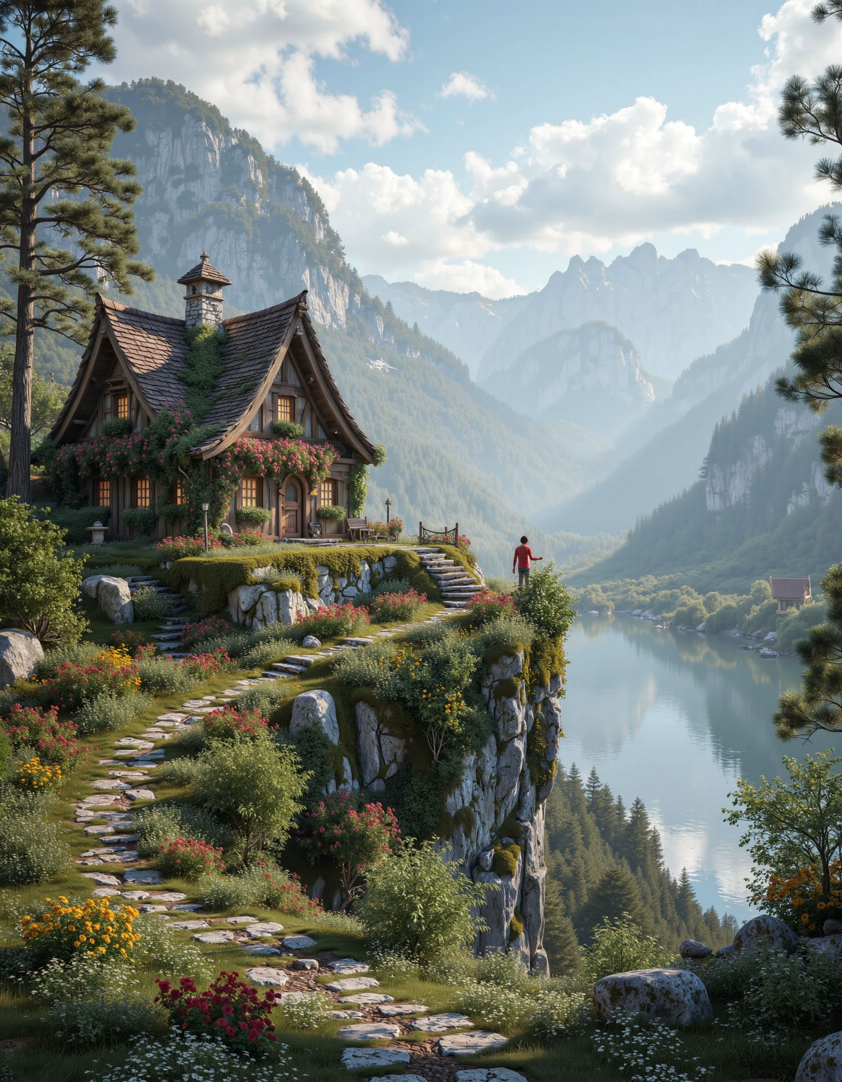 a stunning photograph of a cute house, perched on the side of a hill overlooking a serene lake. <lora:Cottagecore_Flux:0.8> c0ttagec0re