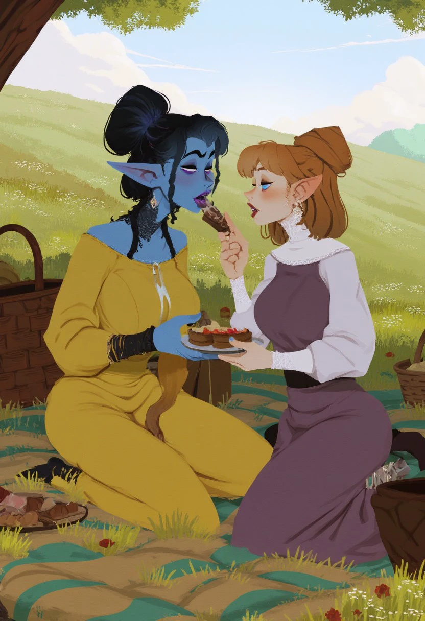 stylized illustration by Incase featuring a romantic scene in a lushes green meadow, a picnic between an blue skinned elf woman and a human woman with pale skin, there is sweets between them. The elf is wearing a stunning yellow dress, the human is wearing a purple dress