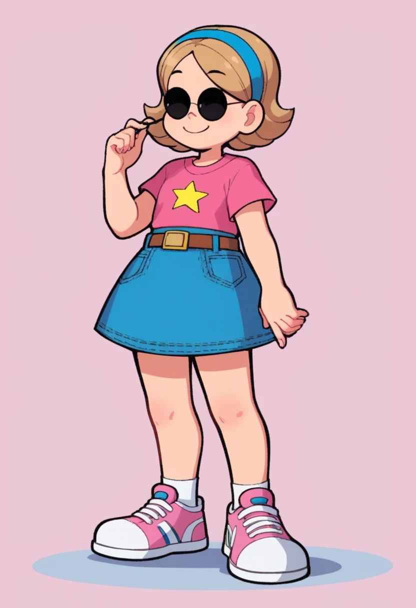 dorinha, 1girl, solo, smile, short hair, shirt, skirt, holding, standing, full body, short sleeves, hairband, shoes, glasses, belt, blue skirt, sunglasses, denim, sneakers, pink shirt, round eyewear, pink footwear, brown belt, style parody, blue hairband, denim skirt