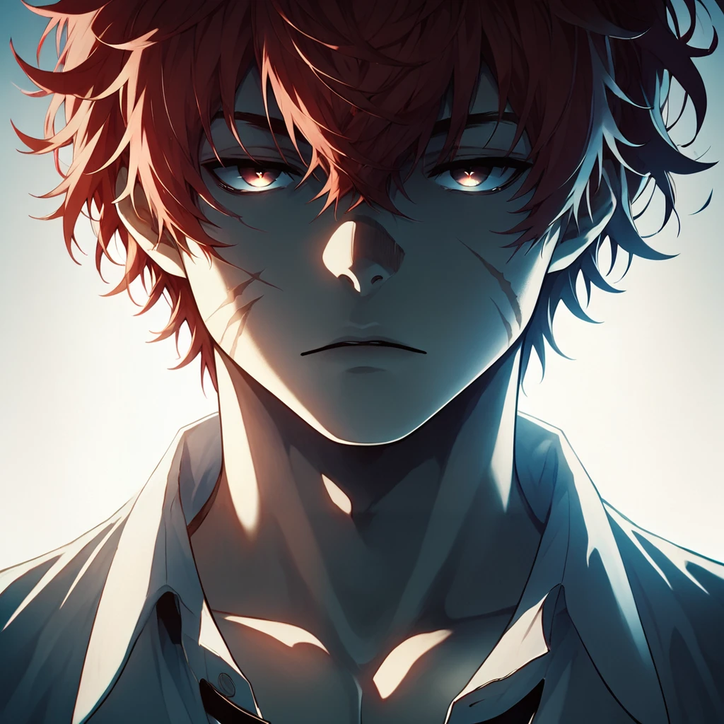 <lora:Eclipse_Faces:1>, eclipsefaces, 1boy, solo, male focus, dim, backlighting, red hair, messy hair, casual shirt, open eyes, scar on cheek,  cheerful,, score_9, score_8_up, score_7_up, score_6_up,