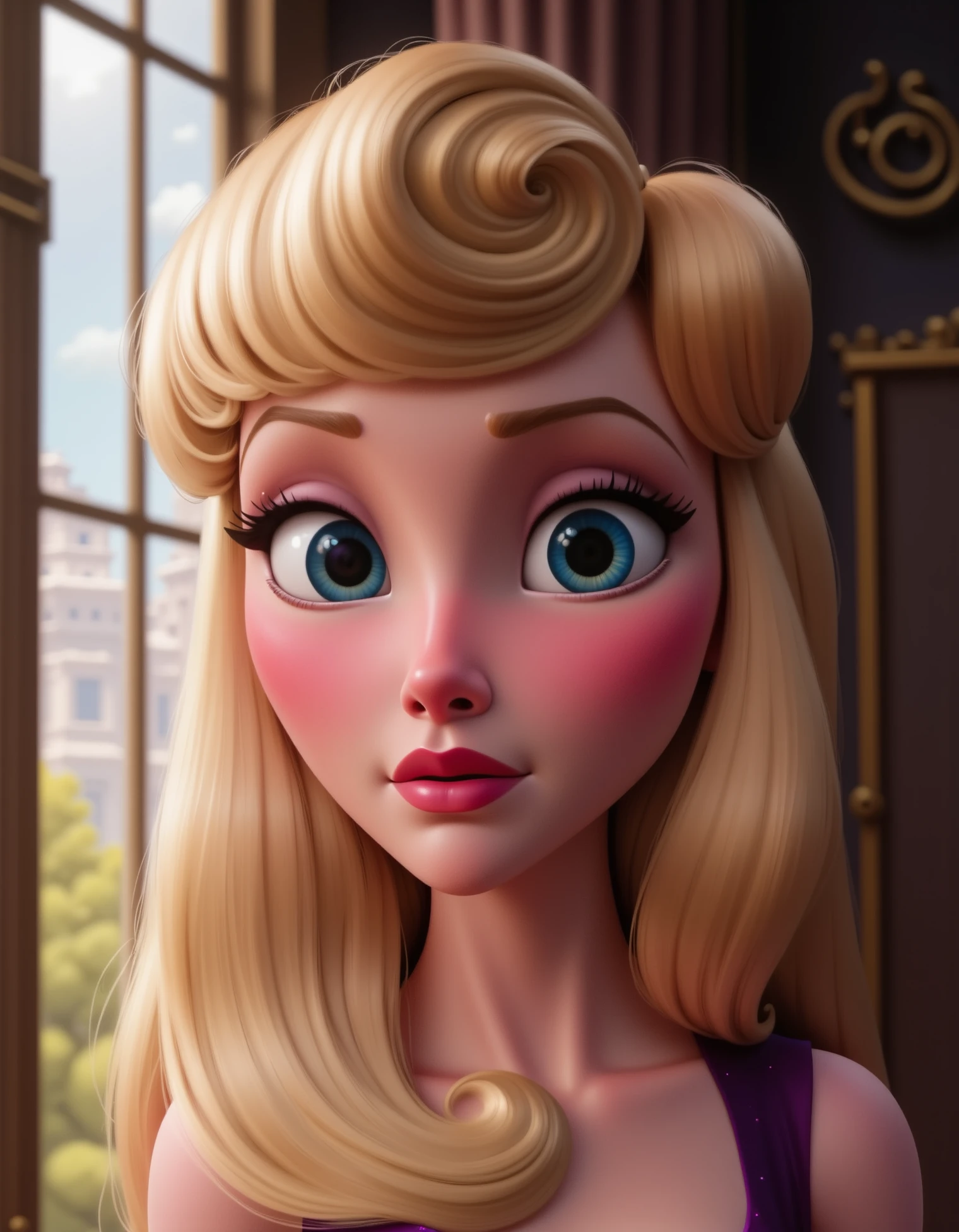 aurora, Briar Rose, A close-up of Aurora’s face as she looks out a window, with natural light streaming through and casting soft shadows across her features. The angle is slightly from below, giving a sense of depth and contemplation as she gazes outward, disney style