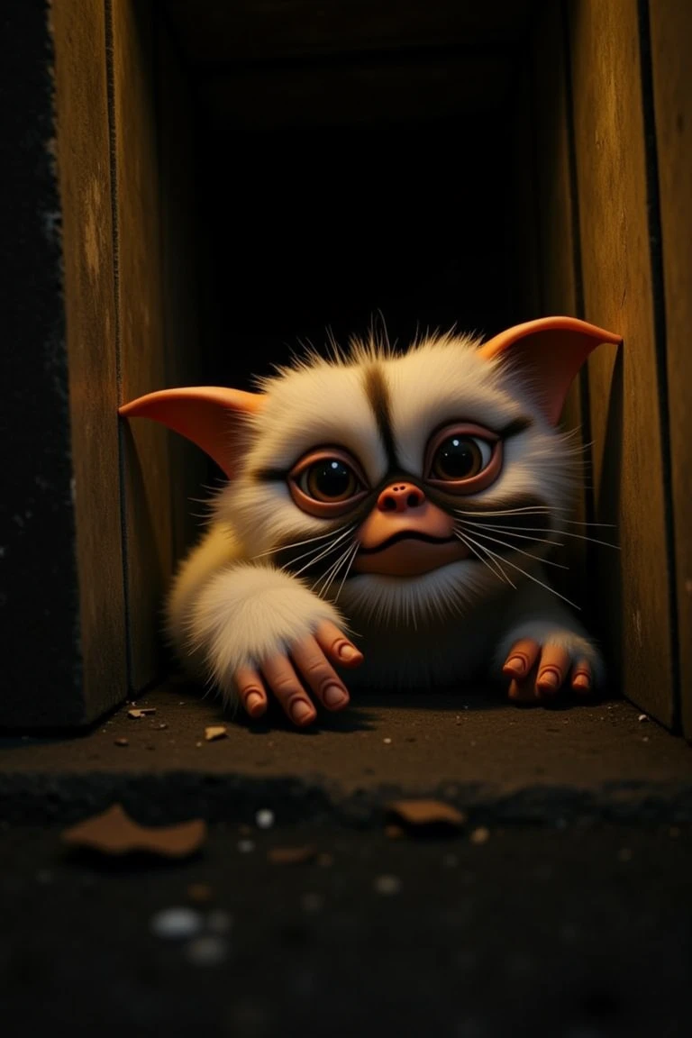 A close-up shot of a Mogwai hiding in the shadows, its beady eyes peering out from behind a dusty crate. The dimly lit alleyway is bathed in warm, golden light, with subtle shadows accentuating the texture of the walls and the folds of the creature's fur. The composition is tight, focusing attention on the Mogwai's hidden form. In 8K resolution, every detail is crisp and clear: the delicate whiskers, the soft paws, and the unblinking stare.