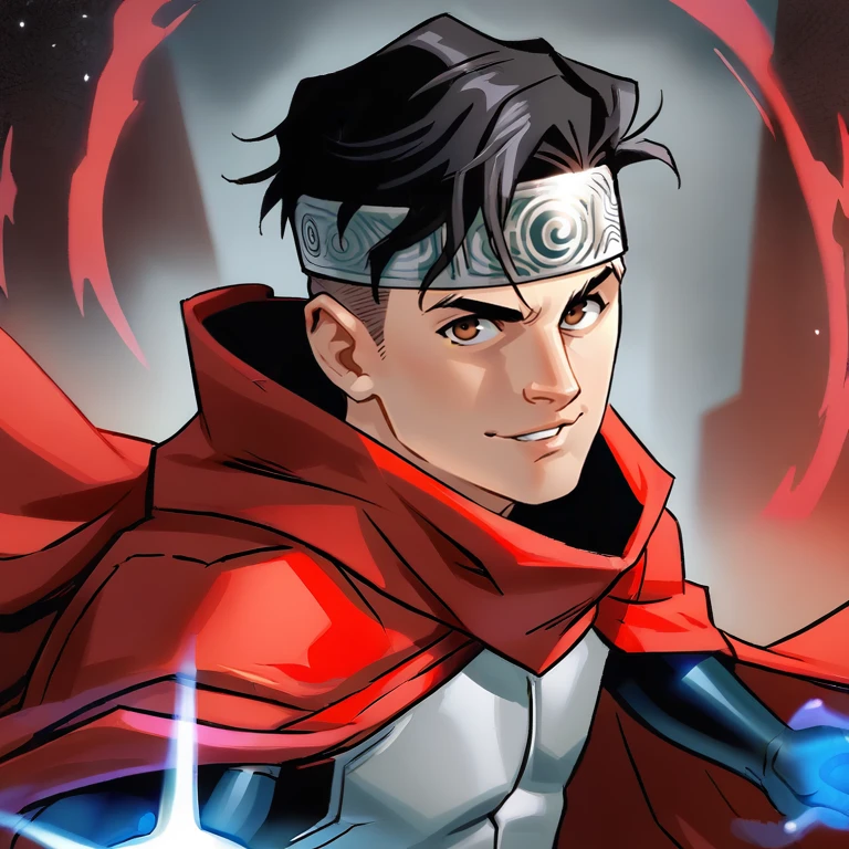 portrait of B_wiccan man, ((1boy)), black hair, undercut, brown eyes, red cloak, cutely smiling, solo, silver headband, wielding blue magic, looking at viewer  <lora:B_wiccan-000007:.8>  <lora:Smooth Anime 2 Style SDXL_LoRA_Pony Diffusion V6 XL:.7>