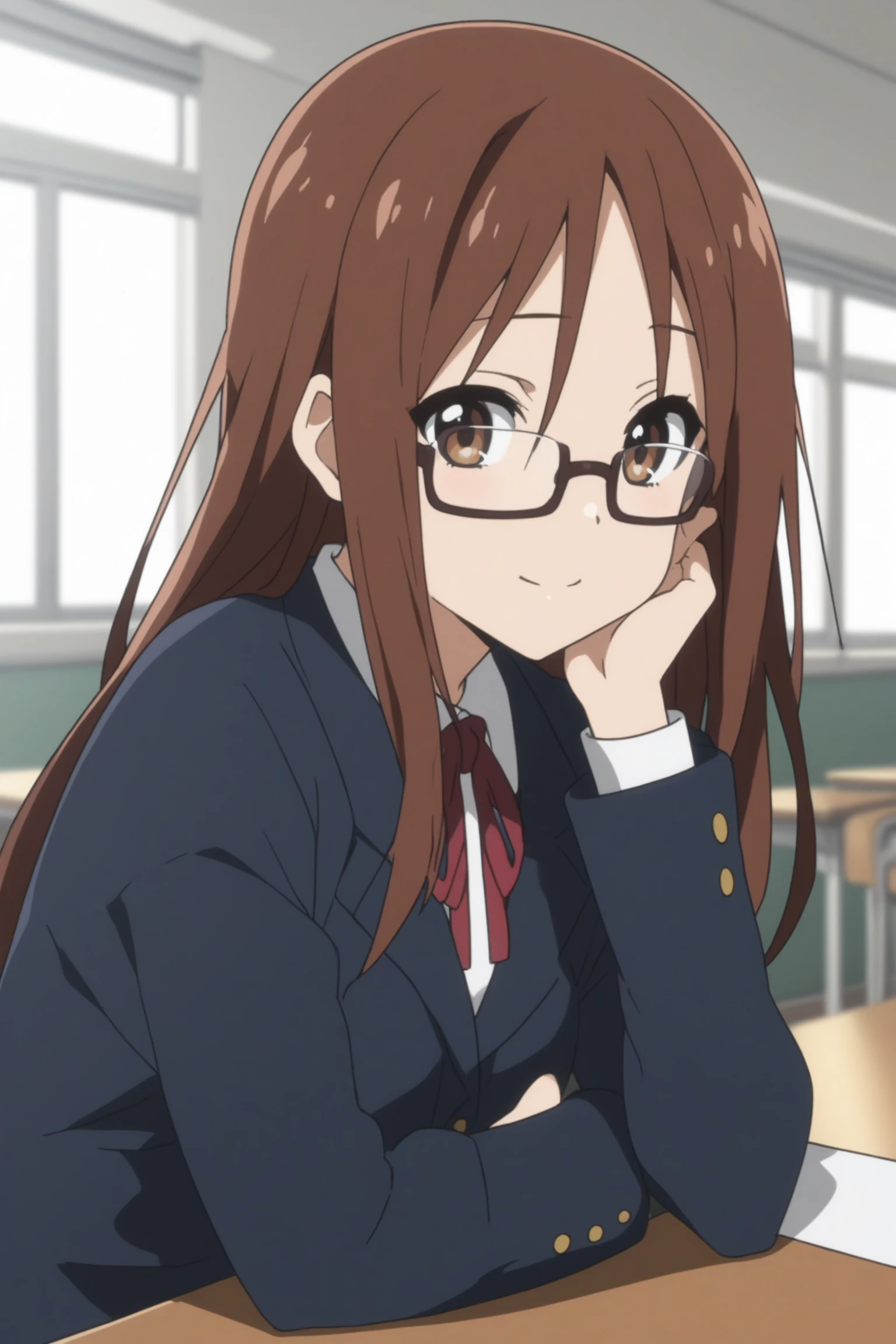 score_9, score_8_up, score_7_up, score_6_up, score_5_up, source_anime, rating_safe, medium breasts, classroom, 1girl, solo, looking at viewer, (upper body:1.1), yamanaka sawako, long hair, brown hair, brown eyes, semi-rimless eyewear, brown eyewear, sakuragaoka high school uniform, school uniform, blazer, black jacket, white shirt, collared shirt, red ribbon, grey skirt, pleated skirt, white socks, loafers, <lora:Sawako_Yamanaka:0.8>