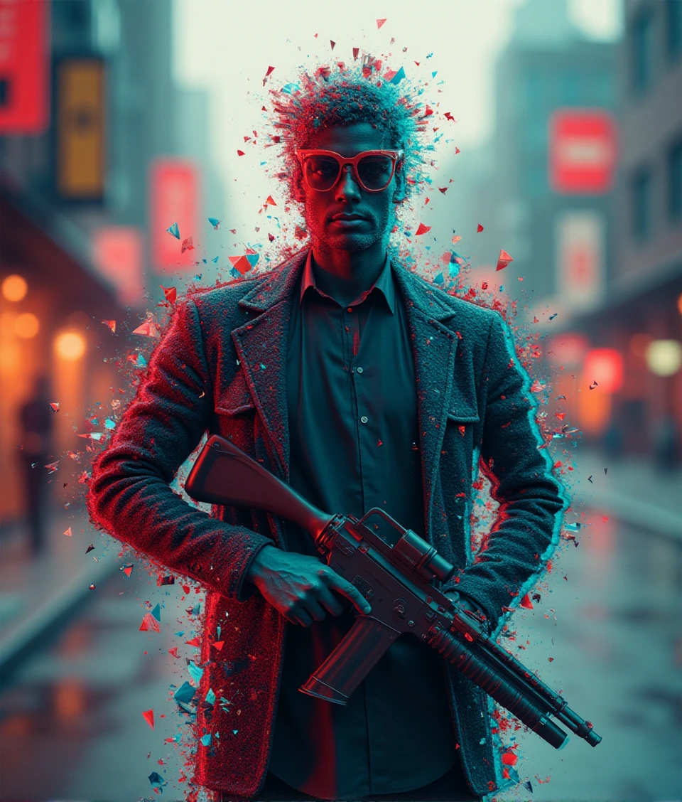 glitch-tech style,a handsome man standing on the street,holding weapon,surrounded with digital_dissolve, 