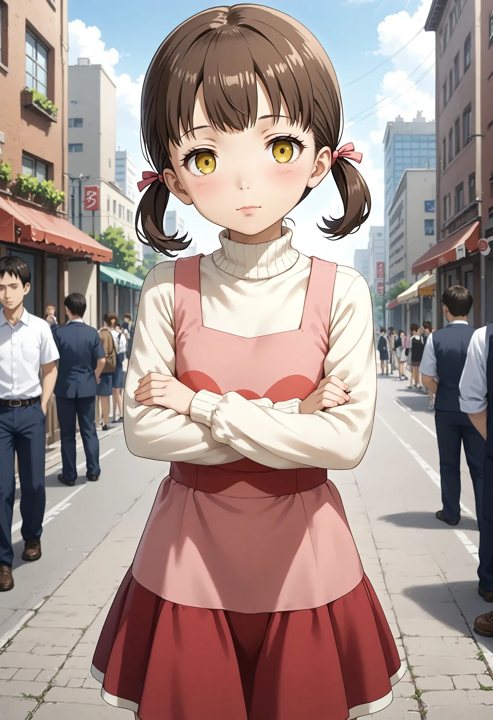 <lora:Hyper-SDXL-8steps-lora:1> <lora:Fixhands_anime_bdsqlsz_V1:1> zPDXL2, score_9, score_8_up, score_7_up, source_anime, intricate details, perfect anatomy BREAK
outdoors, city, tokyo, japan, audience, crowd, crossed arms, upper body, looking at viewer, expressionless, 1girl, solo, solo focus,
<lora:P4-doujima_nanako_XL(pony)v10:1> p4-shadow_nanako, brown hair, low twintail, yellow eyes, empty eyes, p4-nanako outfit, pink dress, white sleeves, red skirt, white socks, red shoes,