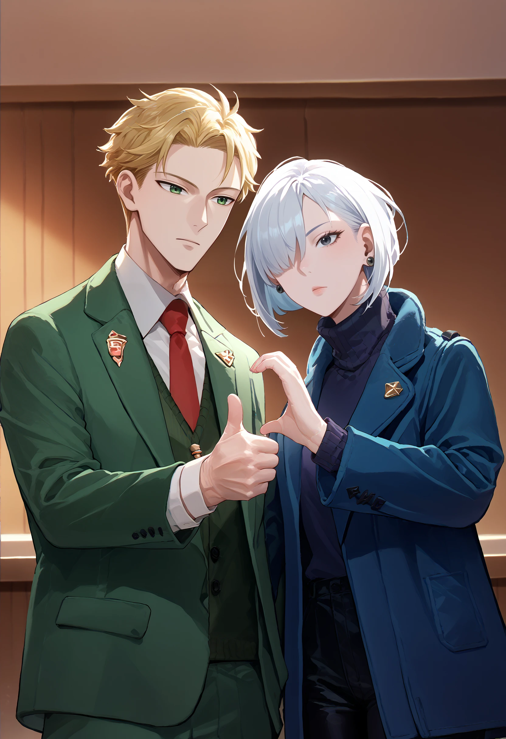 score_9, score_8_up, score_7_up, standing, <lora:HeartHandsFailure_pdxl_Incrs_v1:1>, cowboy shot, heart hands duo, thumbs up, heart hands,
BREAK 1boy, loid forger, blonde hair, short hair, green eyes, collared shirt, red necktie, green jacket, white shirt, suit, formal, long sleeves, vest, <lora:LoidForgerTwilight_pdxl_Incrs_v1:1>,
BREAK 1girl, <lora:spyxfamily_fionafrost_ponyXL:1> fionadef, short hair, white hair, hair over one eye, grey eyes, blue coat, long sleeves, turtleneck sweater, black pants, earrings,