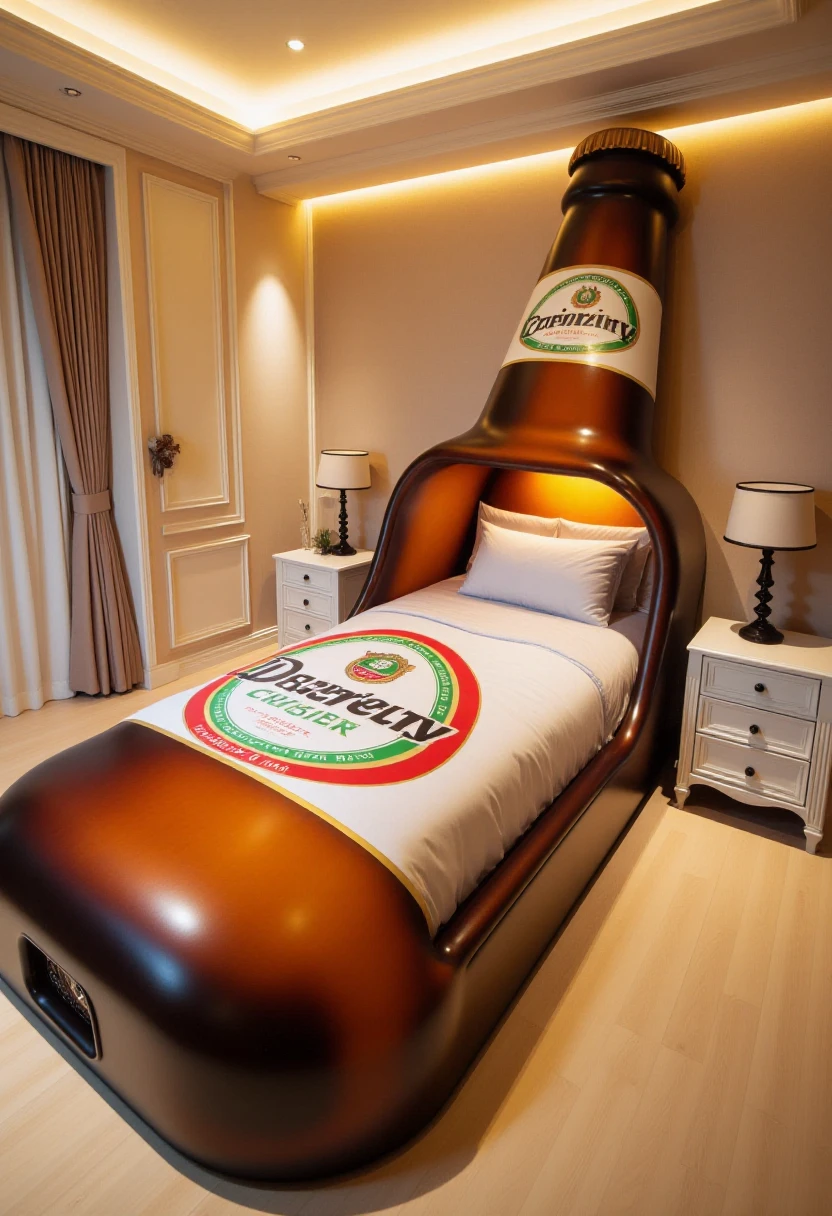 <lora:Custom_Bed_Manufacturer_FLUX:0.9>  
The image is a high-resolution photograph of an elegantly designed bedroom with a unique, themed bed. The centerpiece of the room is a custom bed shaped like a large bottle, specifically a beer bottle. The bed's glass structure is polished to a rich, warm brown finish, with a prominent label featuring a stylized design in red, white, and green, reminiscent of a beer bottle label. The bed has a cushioned headboard and a soft, plush white mattress.