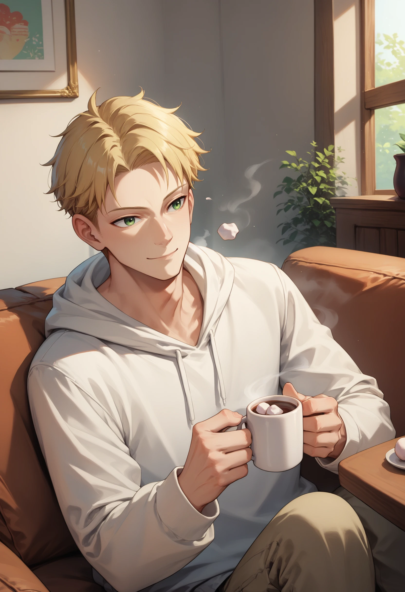 score_9, score_8_up, score_7_up, 1boy, loid forger, blonde hair, short hair, green eyes, <lora:LoidForgerTwilight_pdxl_Incrs_v1:1>, indoors, white hoodie, casual, couch, on couch, coffee mug, marshmallow, steam, light smile,