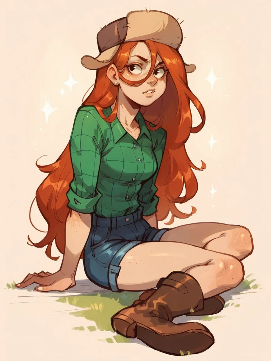 score_9, score_8_up, score_7_up, score_6_up, score_5_up,   <lora:WendyCXLP:0.8> wendyc, 1girl, solo, long hair, orange hair, hat, shirt, freckles, boots, curvy, denim shorts,