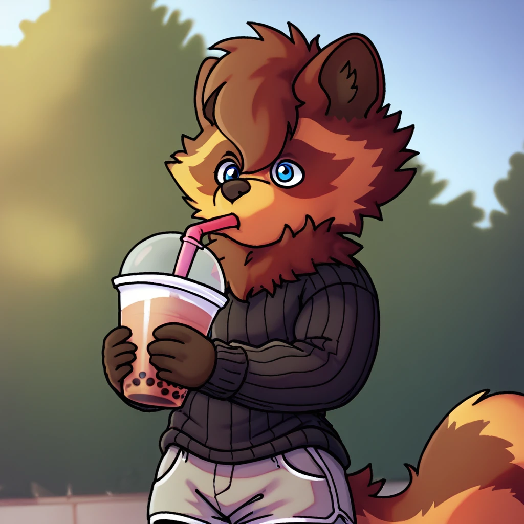 score_9_up, score_8_up, score_7_up, source_furry, silver.exe, blue eyes, brown fur, raccot, black sweater, gray shorts, holding, bubble tea, park