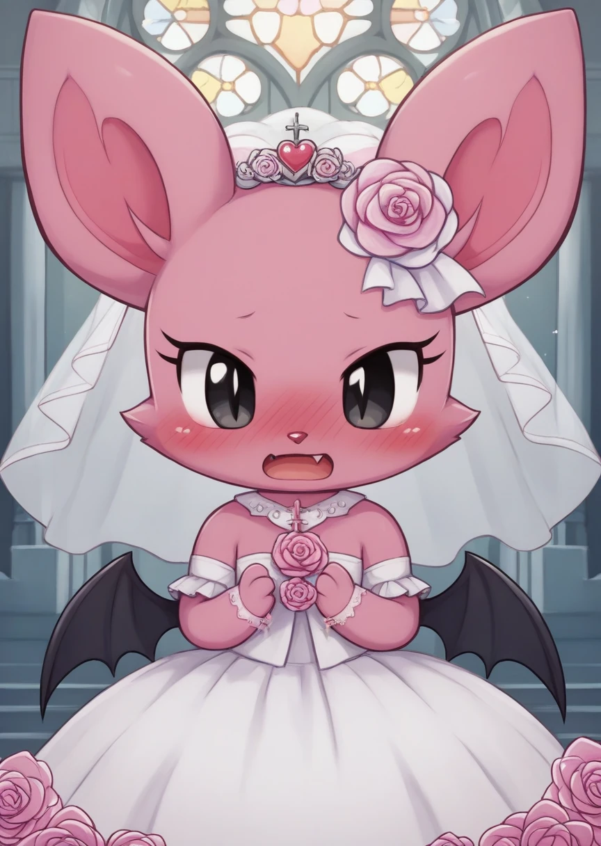 score_9, score_8_up, score_7_up, score_6_up, score_5_up, BREAK
Debi, anthro, female, 1girl, blush, bat wings, furry, wings, furry female, open mouth, church, hair ornament, flower, solo focus, nose blush, pink skin, colored skin, hair flower, animal nose, fang, black eyes, wedding dress, wedding veil