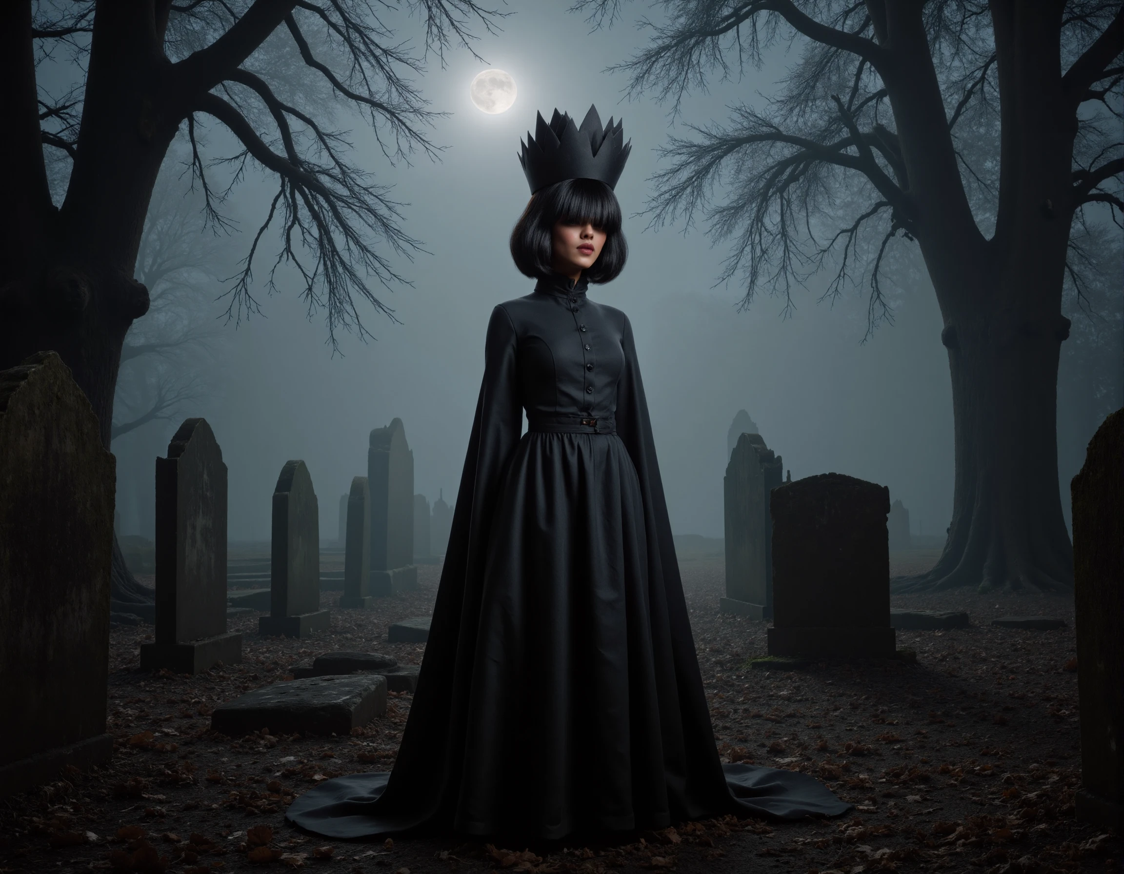 <lora:AntiBlur:3> <lora:The_Queen_21:1>, The_Queen_21, 
A haunting photograph of a woman standing in an overgrown cemetery, where mist swirls among decaying gravestones and twisted, leafless trees. Her sleek, bobbed black hair falls just above her eyes, concealing them entirely and enhancing her enigmatic aura. She wears a tall, pointed crown made of black, twisted branches that seem almost alive, towering above her and adding to her regal, ghostly presence. The womanâs lips are painted in a deep blood-red, contrasting sharply with her pallid skin. She is draped in a long, flowing black cloak, which almost merges with the mist as it trails behind her. The full moon casts a faint, eerie light on the scene, creating long, distorted shadows among the gravestones. The air is thick with the scent of decay, and the sound of rustling leaves adds to the atmosphere of unease. The mood is foreboding and haunting, with her gothic, otherworldly persona embodying death and the supernatural.