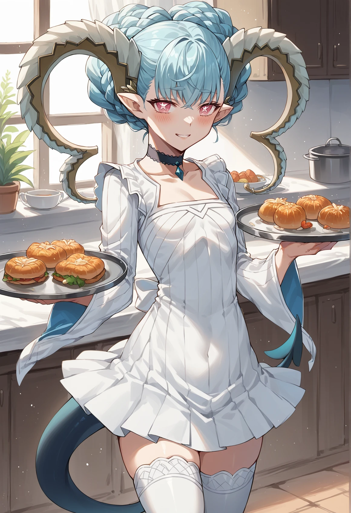 1girl, horns, pointy ears, blue hair, symbol-shaped pupils, pink eyes, double bun, braid, choker, short dress, white dress, long sleeves, thighhighs, tail, seductive smile, blush, apron, indoors, kitchen, standing, holding tray, small breasts <lora:Tiamat:1>, score_9, score_8_up, score_7_up, score_6_up, score_5_up, score_4_up, BREAK source_anime, masterpiece